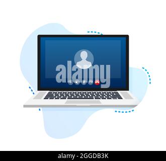Incoming video call on laptop. Laptop with incoming call, man profile picture and accept decline buttons. Vector stock illustration Stock Vector