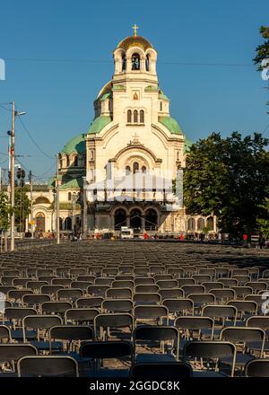 Rows of empty chairs for outdoor music concert at St. Alexander Nevsky cathedral in Sofia, Bulgaria Stock Photo