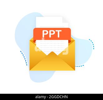 Download PPT button. Downloading document concept. File with PPT label and down arrow sign. Vector illustration. Stock Vector