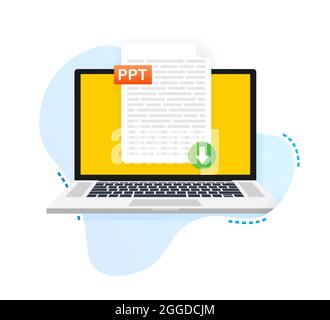 Download PPT button. Downloading document concept. File with PPT label and down arrow sign. Vector illustration. Stock Vector