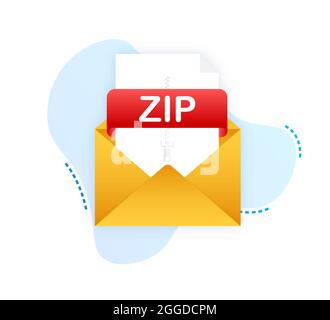Download ZIP button. Downloading document concept. File with ZIP label and down arrow sign. Vector illustration. Stock Vector
