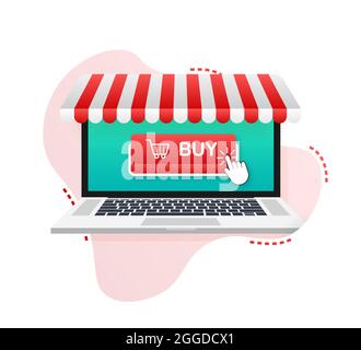 Buy button on laptop screen. Shopping Cart icon. Vector stock illustration. Stock Vector