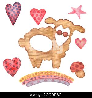 Watercolor wooden baby toys clipart. rattles, star, heart, children, lamb, mashroom. Nursery Hand-drawn Art Decor. Baby boy. Baby girl. Set Stock Photo
