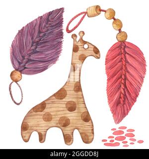 Watercolor wooden baby toys clipart. rattles, giraffe, children, macrame thread leaves, feather. Nursery Hand-drawn Art Decor. Baby boy. Baby girl Stock Photo
