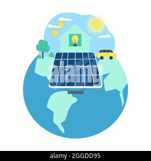 Investment in solar panels, concept of electricity consumption with solar panels for homes and cars, vector illustration in flat style Stock Vector