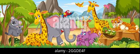 Panorama landscape with various wild animals in the forest illustration ...