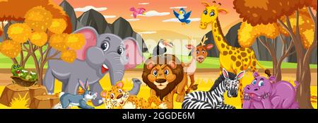 Panorama landscape with various wild animals in the forest illustration ...