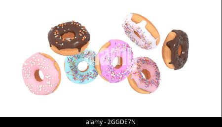 flying doughnuts - mix of multicolored sweet donuts with sprinkles on white background isolated. 3d Stock Photo