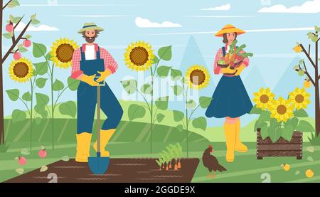 Man and woman harvest in the garden, farmers in the village. Vector illustration in flat cartoon style Stock Vector