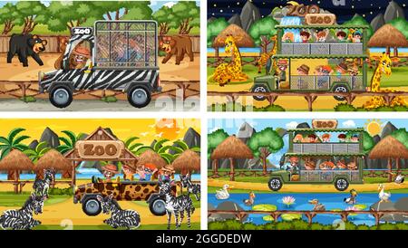 Set of different animals in safari scenes with kids illustration Stock Vector