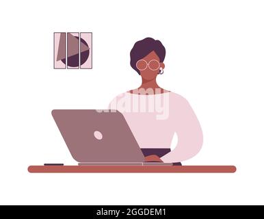 African-american woman tutor with glasses work on laptop.Remote work,e-learning or online training.Afro lady teacher,trainer or coach Stock Vector