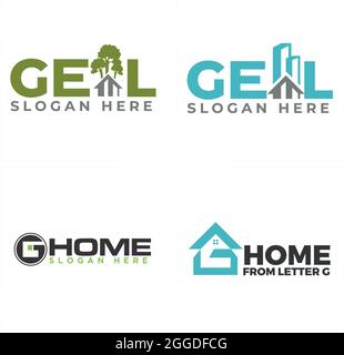 Real estate with home building and tree combination lettering logo design Stock Vector