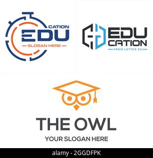 Education with stopwatch letter EG and owl graduation cap logo design Stock Vector