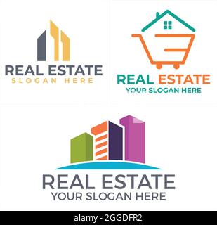 Real estate with building home and trolley colorful logo design Stock Vector