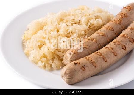 Bratwurst sausage and sauerkraut isolated on white background Stock Photo