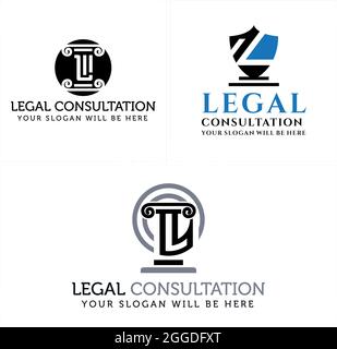 Business consulting law office with law pillar and shield icon vector logo Stock Vector