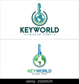 Blue green logo with key world earth circle line art vector Stock Vector