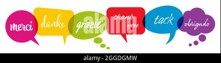 EPS 10 vector illustration of colored speech bubbles row isolated on white background with greetings text " thanks " in different languages Stock Vector