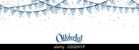 Oktoberfest 2021 garlands having blue-white checkered pattern and blue confetti Stock Vector