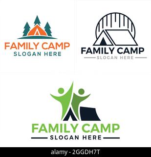 Camp family vacation recreation with tree pine and tent logo design Stock Vector