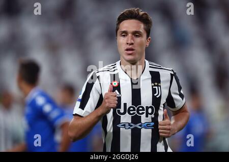 Torino, Italy. 29 August 2021. Federico Chiesa of Juventus Fc  looks on during the Serie A match between Juventus Fc and Empoli Fc. Stock Photo