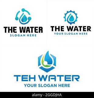 Environmental hydro technology renewal with droplet water and gear combination logo design Stock Vector