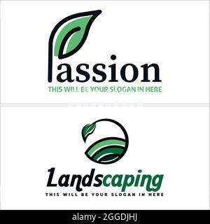 Landscaping with leaf and land field initial icon logo design vector Stock Vector