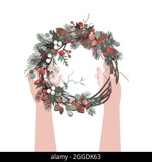 Top view of hands holding a Christmas wreath, xmas decoration Stock Vector