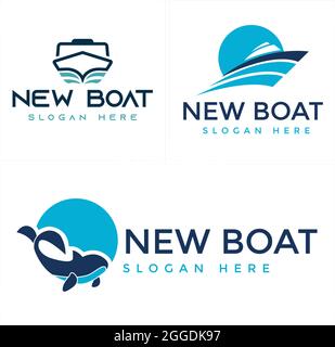 Business travel transportation with yacht boat and dolphin logo design Stock Vector