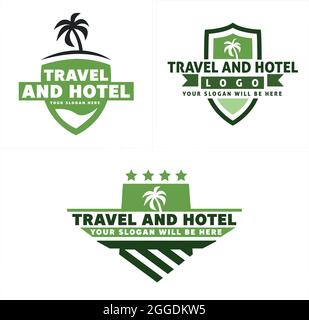 Shield badge logo with tree palm and star icon design travel hotel service agency Stock Vector