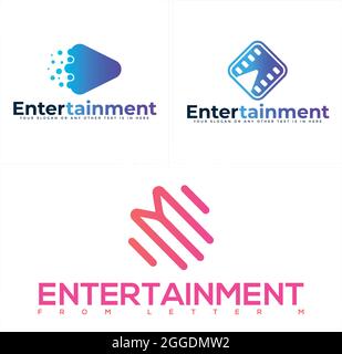 Entertainment arts movie production with triangle play button filmstrip and letter M logo design Stock Vector