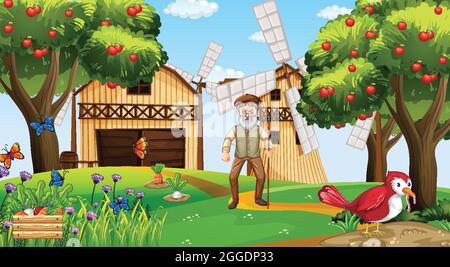 Farm scene with old farmer man and farm animals illustration Stock ...