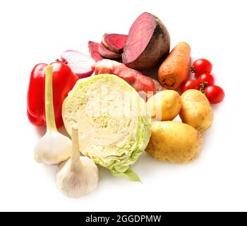 Ingredients for preparing tasty borscht on white background Stock Photo