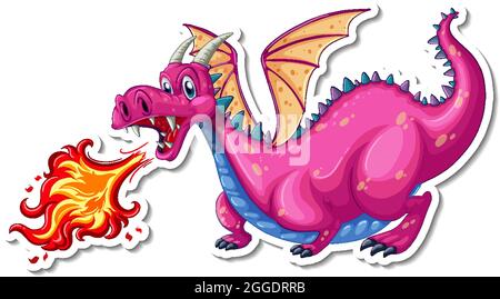 Dragon blowing fire cartoon character sticker illustration Stock Vector