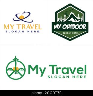 Travel outdoor adventure with icon plane sun mountain and tree pine logo design Stock Vector