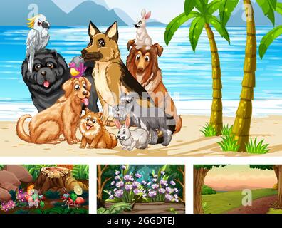 Four different nature horizontal scene  illustration Stock Vector
