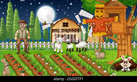 Farm scene at night with old farmer man and cute animals illustration Stock Vector