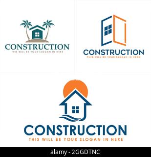 Modern construction home with tree palm and sun logo design  Stock Vector