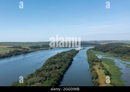 aerial view of plantations near the Tietê River waterway, in Bariri, interior of São Paulo. Stock Photo