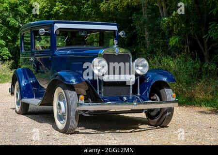 Oldtimer Chevrolet International Serie AC built in 1929, 3 gears, 3.180 ccm capacity, 6 cylinders, 46 hp at 2400 RPM, 1100 kg weight, right front Stock Photo