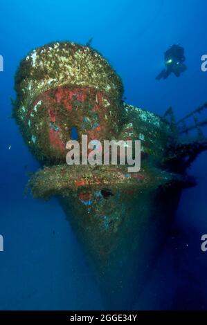 Diver hovers over shipwreck Karwela, Mediterranean Sea, Gozo, Malta Stock Photo