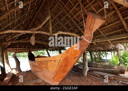 Traditional Micronesian canoe under construction in Museum Village, Yap Island, Caroline Islands, Federated States of Micronesia Stock Photo
