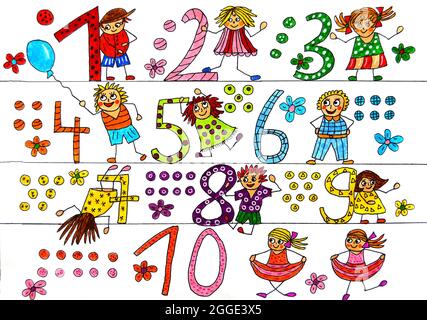 Naive illustration, stick figures, numbers Stock Photo