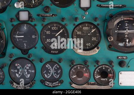 Toggle switches old soviet helicopter mi2 many text on Russian language which translates Light danger Beacon Suspension Cargo Dump Tactical Emergency Stock Photo