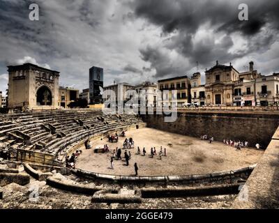 Old Town and Roman Amphitheatre, Lecce, Puglia, Italy Stock Photo