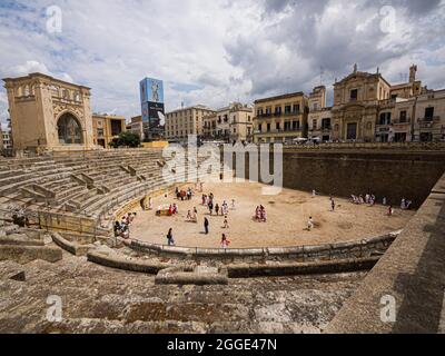 Old Town and Roman Amphitheatre, Lecce, Puglia, Italy Stock Photo