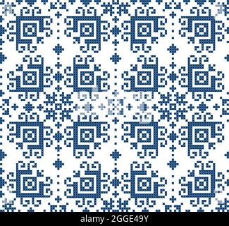 Floral traditional Zmijanje cross stitch style vector folk art seamless pattern - textile or fabric print design from Bosnia and Herzegovina Stock Vector