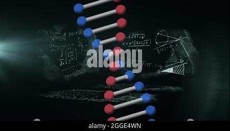 Dna structure spinning against mathematical equations against black ...