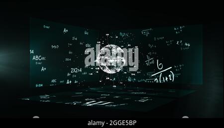Image of a globe with numbers spinning over three boards mathematical and equations floating Stock Photo
