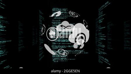 Image of a rotating icons globe over information scrolling on background Stock Photo